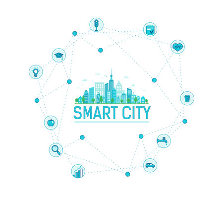Smart city infographics. Modern city in circle icons.のイラスト素材