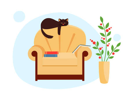 Cute cat is lying on back of chair in warm room. Conceptのイラスト素材