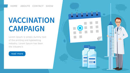 Vaccination campaign. template site vaccination. Doctor holding large syringe.のイラスト素材