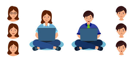 Boy and Girl sits and learns online on laptop. Man and woman works on laptop.のイラスト素材