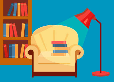 Interior Home library. Books are lying on a chair and a lamp is shining.のイラスト素材