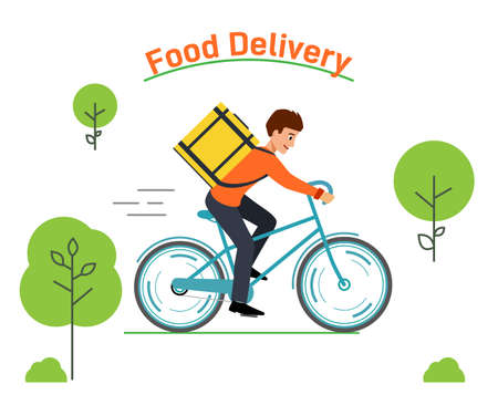 Delivery service courier. Concept Banner food delivery. Courier rides Bicycle around the cityのイラスト素材