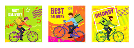 Set Banner delivery with courier on bike. Text Fast delivery and Best delivery.のイラスト素材
