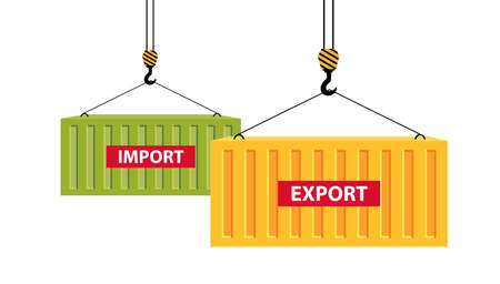 Port crane lift two cargo containers with words import and export.のイラスト素材