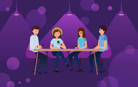 Young people sitting in cafe, chatting and watchingのイラスト素材