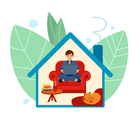Man sits on chair and works on laptop or studies. Stay at home.のイラスト素材