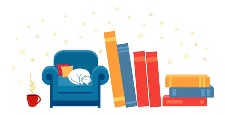 Concept of cozy home and reading. There books and mug of tea around chair.のイラスト素材