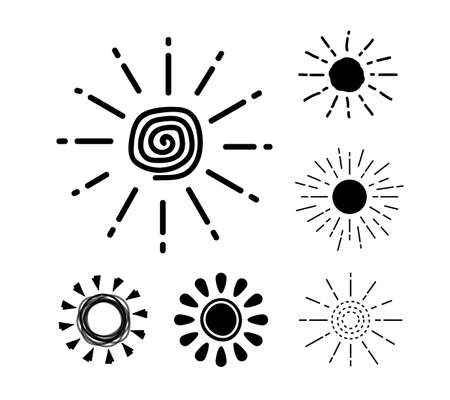 Sun icon set. Black silhouette sun collection. Summer, sunlight, nature, sky. Funny vector doodle suns.のイラスト素材