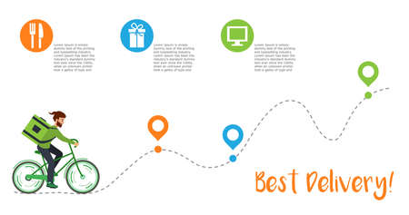 Best Delivery infographic. Courier rides along the road on a Bicycleのイラスト素材
