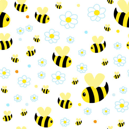 Funny yellow bee character. Children repeating pattern with abstract bee in meadow.のイラスト素材