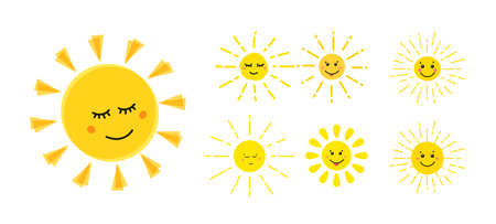 Funny sun icon. Cute sun set flat style. Yellow childish sunny emoticons collection.のイラスト素材