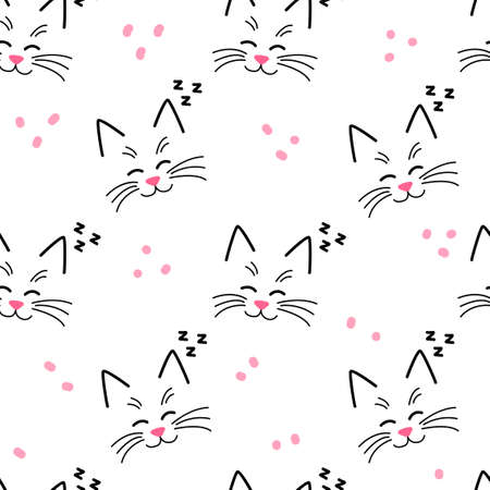 Cute kitty muzzle pattern. Seamless pattern with face cats on white.のイラスト素材