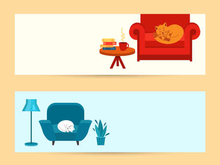 Banners of cozy home. Cute cat is sleeping on chairのイラスト素材
