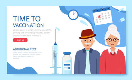 Landing page time to vaccination. Vaccination of elderly people to protect.のイラスト素材