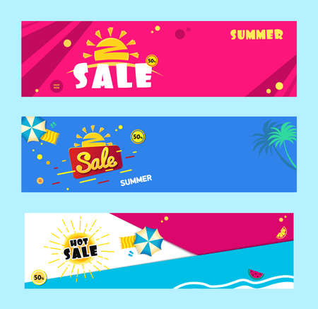 Set Sale banner template design with summer sun. Wide banner with copy space for text.のイラスト素材