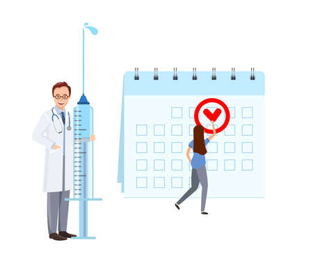 Immunization schedule. Concept universal vaccination. Doctor holding large syringe.のイラスト素材