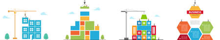 Tower crane made of colored blocks builds city. Set color concept of building business.のイラスト素材