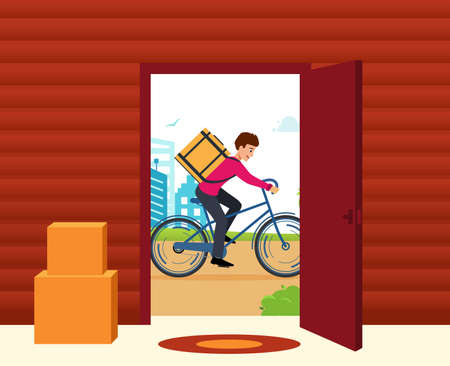 Through open door you can see courier on Bicycle against the city background.のイラスト素材