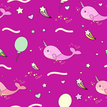 Kids pattern with unicorn whale and balloons on bright pink background.のイラスト素材