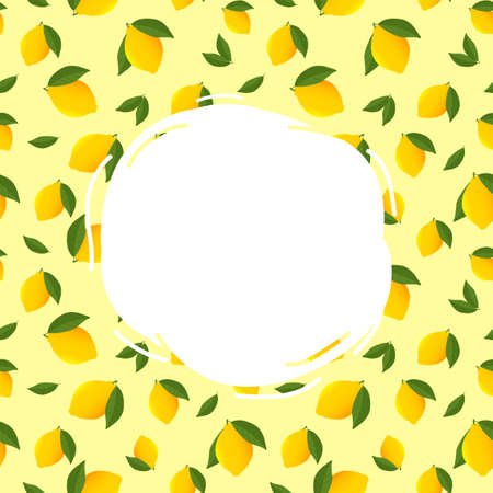 Round white label for text on yellow background with Bright lemon and leavesのイラスト素材