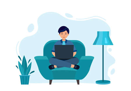 Man work on laptop. Works at home, sits on blue chair. Studying distantlyのイラスト素材