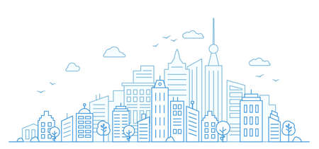 Thin line City landscape on white background. Panoramaのイラスト素材