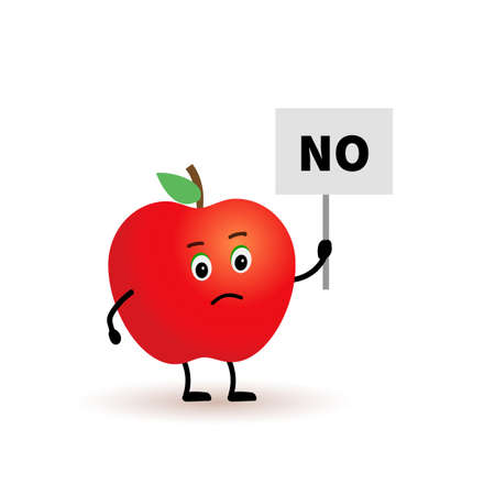 Cartoon character apple, holding a sign with the word NO. apple character protests against it.のイラスト素材
