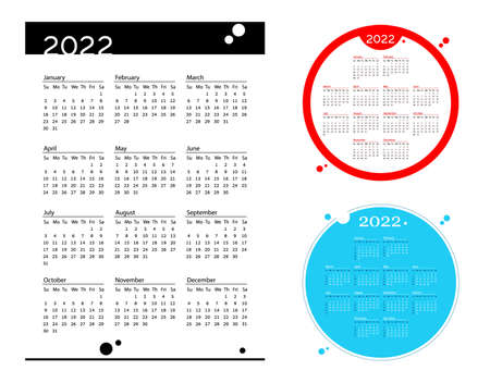 Set Simple pocket calendar 2022 year on white Background. Blue and red circle calendarのイラスト素材