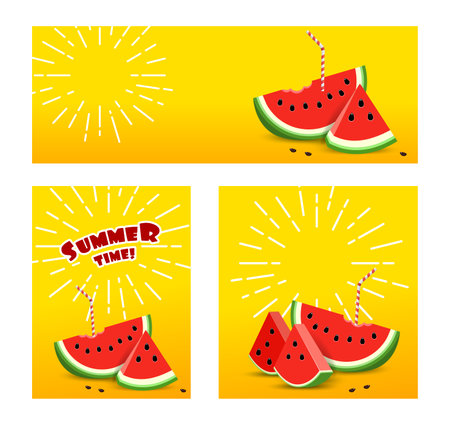 Set Summer banner with Watermelon. Sun rays drawn white pencil. 3D slice Watermelon with drinking straw. with empty place for text.  Vector illustration on yellow background.のイラスト素材