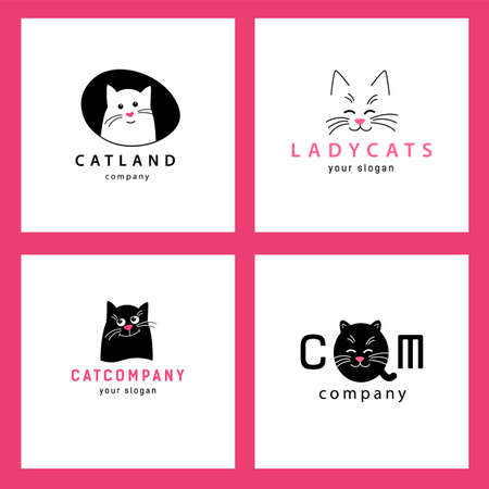 Set Illustration of a black cat. Logo of the company for the animal hair salon or a veterinary clinic, pet shop or cat cafe.のイラスト素材