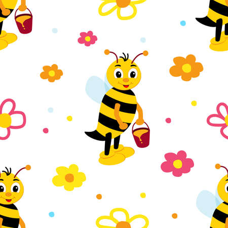Bee around flowers with bucket of honey. Vector Seamless pattern.のイラスト素材