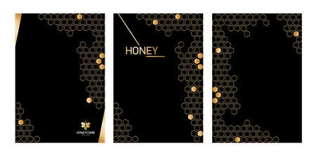 Set Vertical Modern Honeycomb black background with golden honeycomb.のイラスト素材
