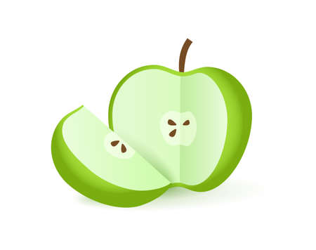Green apple half and slice. Apple closeup in cartoon style. Vector illustrationのイラスト素材