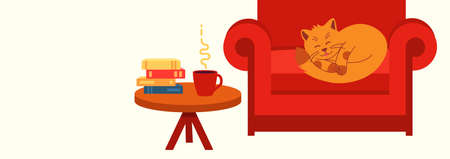 Cute cat is sleeping on chair, books are lying on table and there is mugのイラスト素材