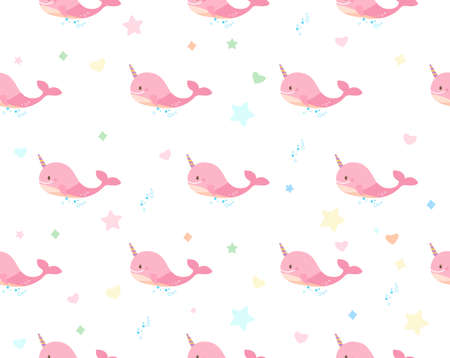 Children pattern with pink whale and stars on white background. Seamless patternのイラスト素材