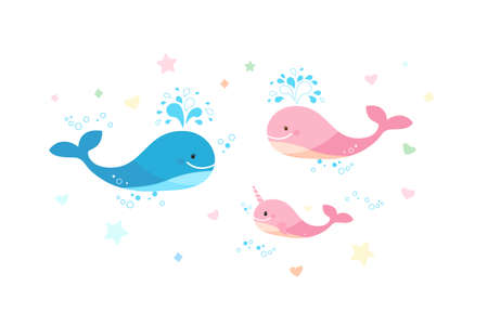 A happy family of whales. Dad is a blue whale and pink mom and cub.のイラスト素材