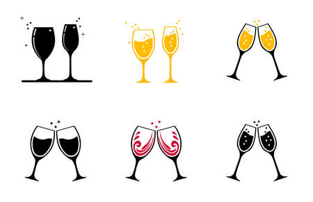 Set icon. Two glasses of wine or other alcohol. Glasses clink together.のイラスト素材