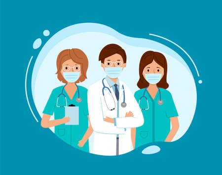 Group of doctors from medical clinic. Doctor in white bubble on blue background.のイラスト素材