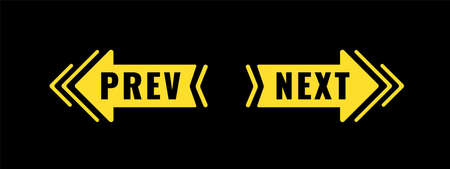 Bright Arrows with world Next and previous. Yellow arrow right and left on black.のイラスト素材