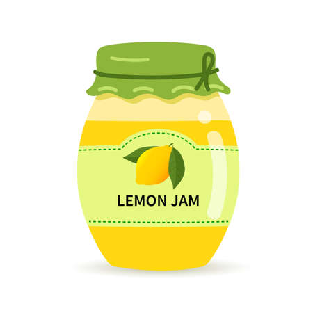 Glass jar with homemade Lemon jam. Label with Lemon on a jar of confiture.のイラスト素材