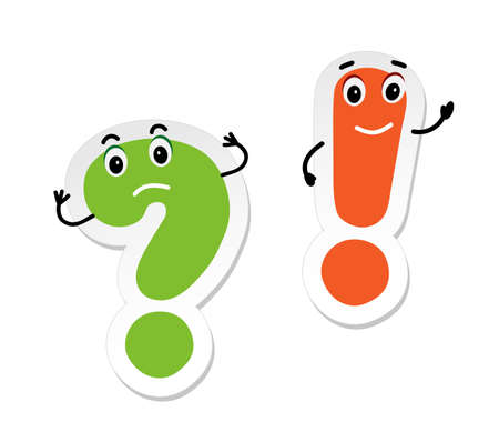 Large green question mark and orange exclamation mark. Cartoon character.のイラスト素材