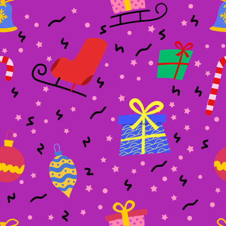 Vector Seamless pattern with gifts and confetti. boots, gift, skates,のイラスト素材