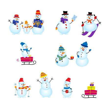 Set Cute christmas snowmen. Funny snow man wearing hat and scarf, snowmans with gifts and skis.のイラスト素材