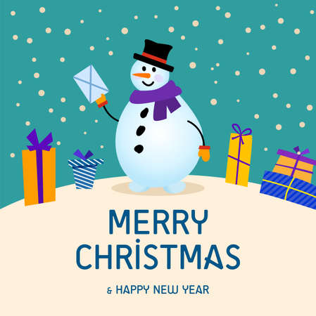 Christmas Cute Cheerful Snowman Postman in a hat with a letter in his hand. snow card with gifts.のイラスト素材