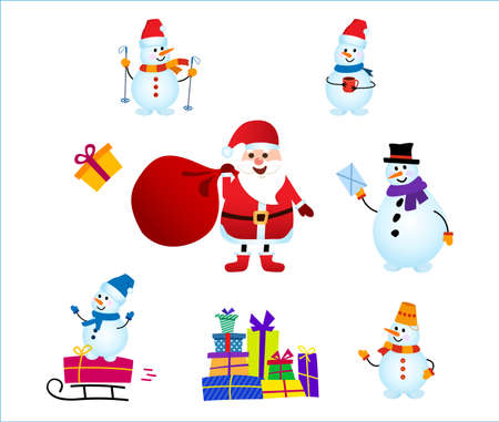 collection of snowman wear a winter theme and santa claus with a bag of gifts. Graphic resourceのイラスト素材