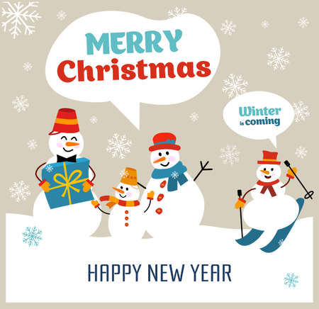 Merry Christmas. Christmas Cute Cheerful family Snowmans with gift.のイラスト素材