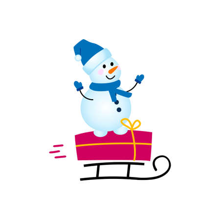 snowman character carries a gift on a sled.. Vector illustration.のイラスト素材