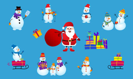 Set of snowman wear a winter theme and santa claus with a bag of gifts. Vector illustration on blue background.のイラスト素材