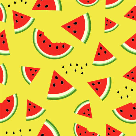 Seamless pattern with Bright red slice watermelon on yellow background.のイラスト素材