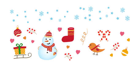 Collection of New Year vector illustration on a white background. Snowmen with gifts, sled, bird, snowflakes.のイラスト素材